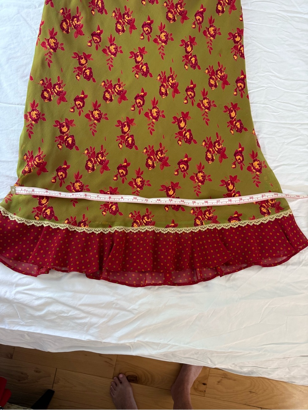 Anthropologie Olive Green Floral A-Line Skirt with Red-Burgundy Ruffle - Picture 5 of 8